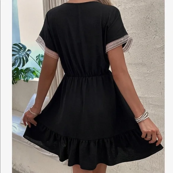 Boho Sheer Mesh Crochet Lace Flounce Sleeve Ruffle Dress - Picture 8 of 15